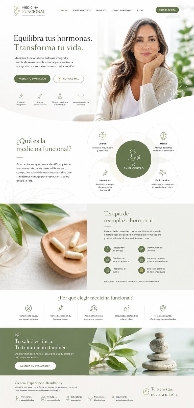 Functional Medicine website homepage featuring a woman in professional attire with content about hormone balance and wellness treatments